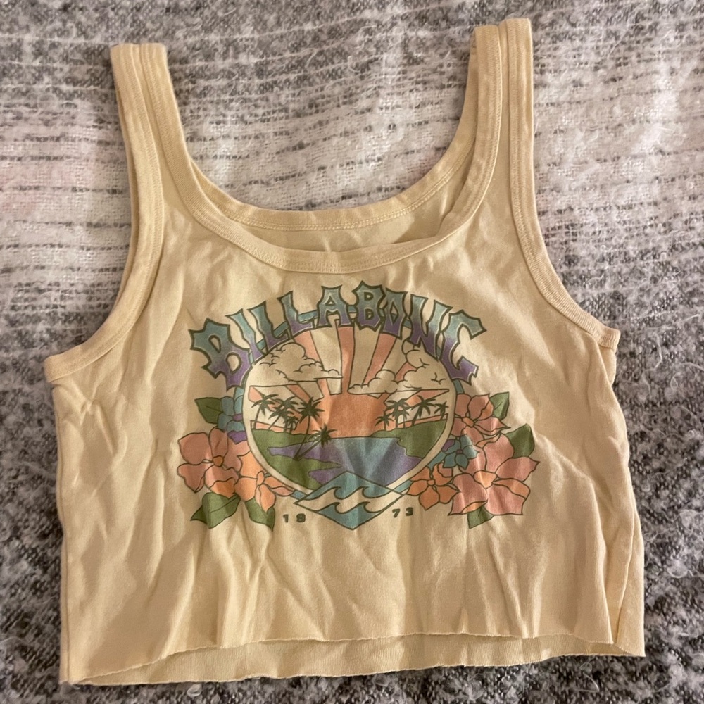 Billabong Cream and Yellow Graphic Crop Tank Top